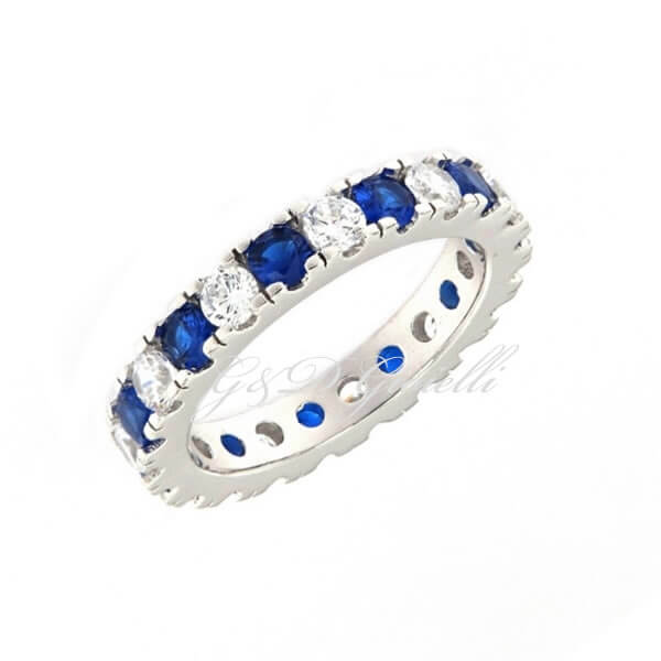 anello in argento veretta a giro con zirconi bianchi e blu alternati