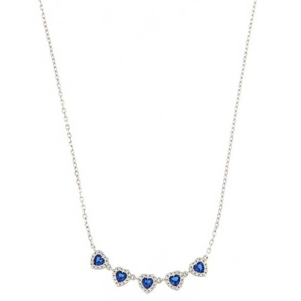 collana da donna con 5 cuori in argento con zirconi bianchi e blu